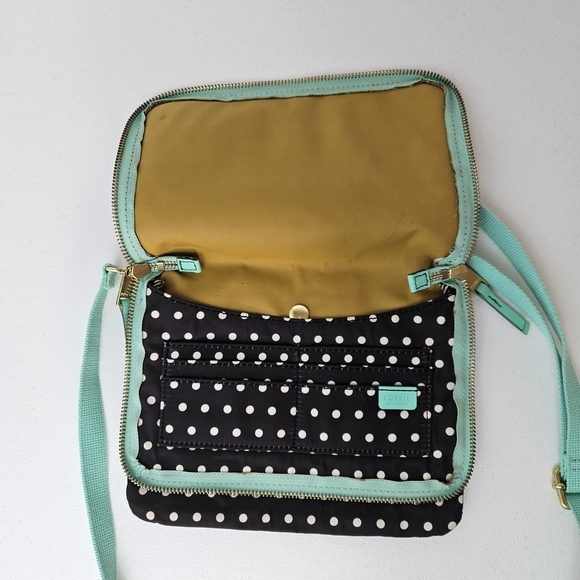 Fossil Keyper Mini Flap Crossbody Organizer Purse Polka Dot Bag - Black and Mint - Picture 5 of 13